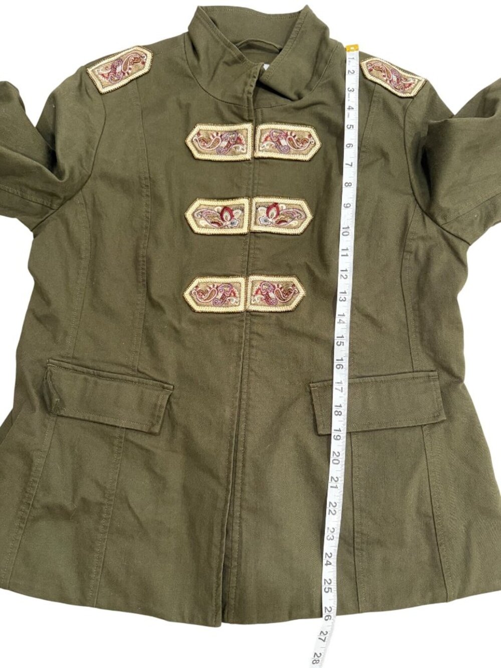 Chicos Size 12/14 Military Army Green Jacket Embroidered Accents Pockets Band - Picture 6 of 7